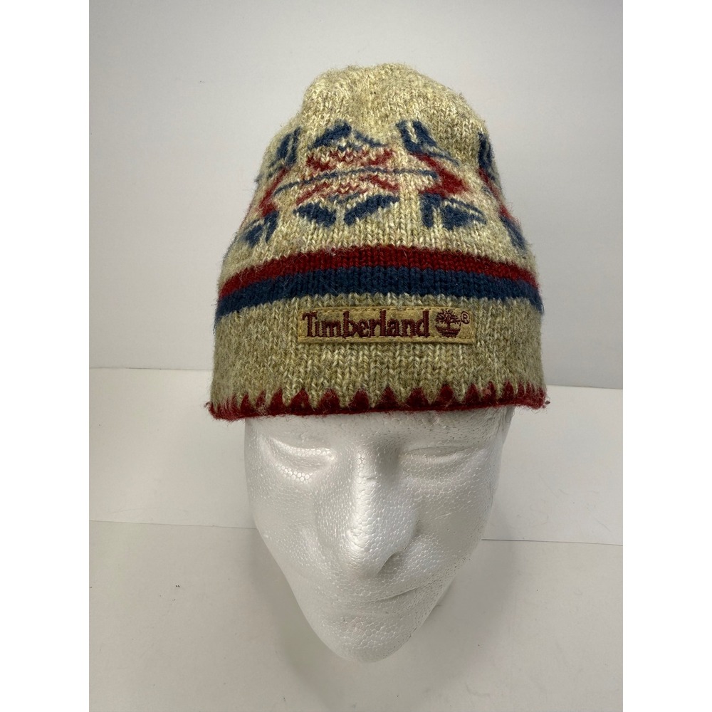 Timberland Vintage Ragg Wool Beanie Hat Fair Isle Knit Tan Navy Red OSFA